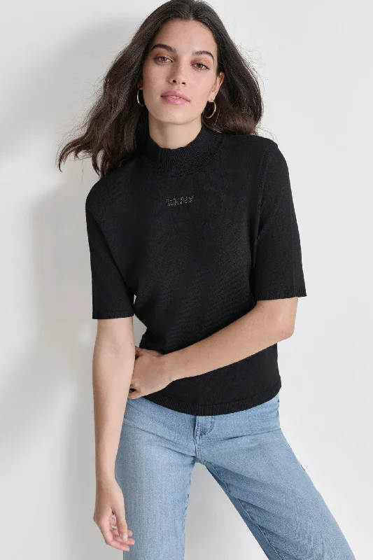 Color - Blocked Women Sweater for a Bold Fashion StatementMOCK NECK LOGO SWEATER