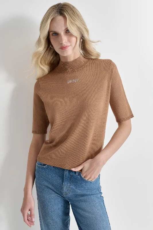 Open - Front Women Sweater for Easy LayeringMOCK NECK LOGO SWEATER