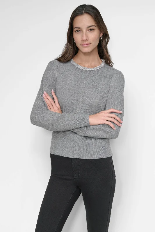 Organic Cotton Women Sweater for an Eco - Friendly ChoiceCREW NECK WITH RHINESTONE TRIM AT NECK