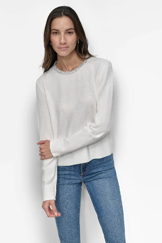 Button - Down Women Sweater for a Versatile LookCREW NECK WITH RHINESTONE TRIM AT NECK