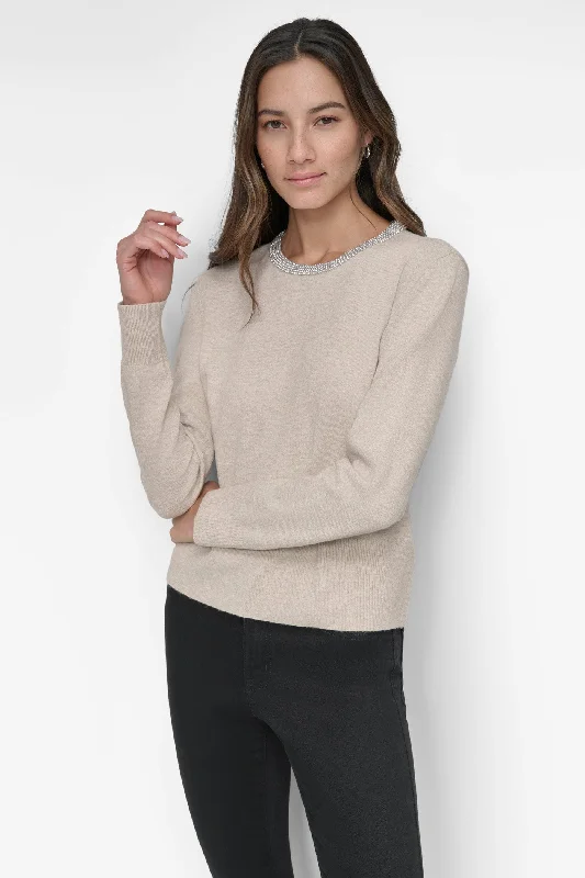 Hand - Knitted Women Sweater with Artisanal CharmCREW NECK WITH RHINESTONE TRIM AT NECK