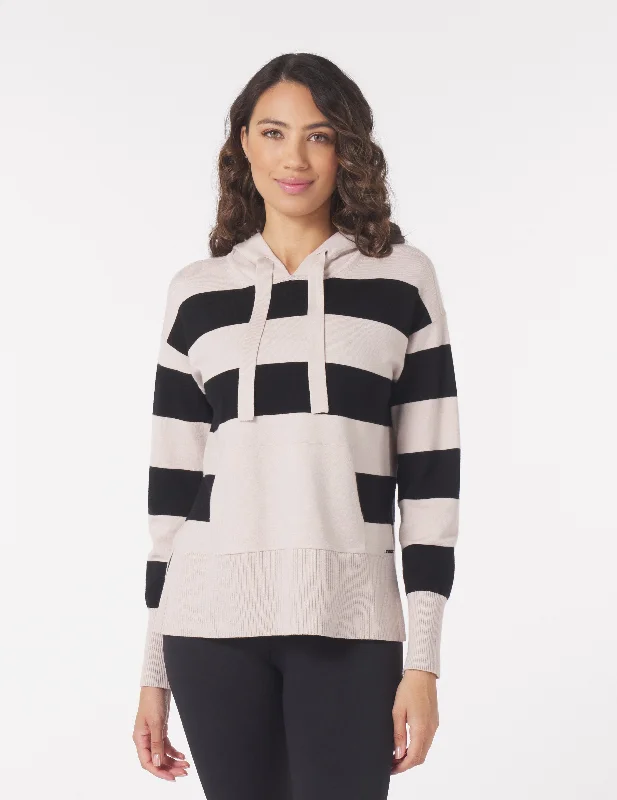 Long - Sleeve Women Sweater with Ribbed CuffsElite Hoodie: Oatmilk/Black Rugby Stripe