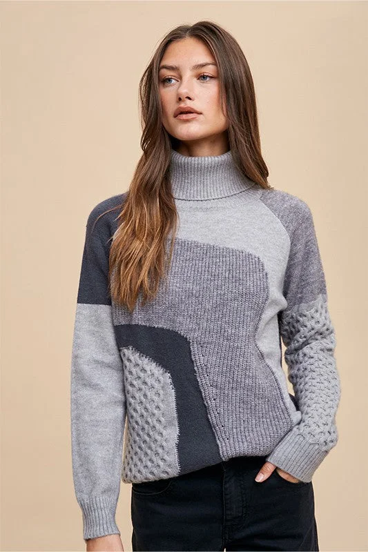 Sequin - Embellished Women Sweater for Special OccasionsGrey Combo Turtleneck Multi Pattern Mixed Sweater Top