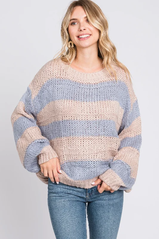 Hooded Women Sweater for Added Comfort and StyleLight Blue Striped Knit Sweater