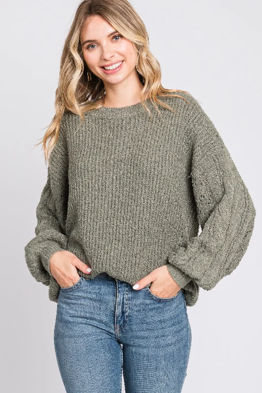 Plus - Size Women Sweater with a Flattering FitLight Olive Knit Puff Sleeve Sweater