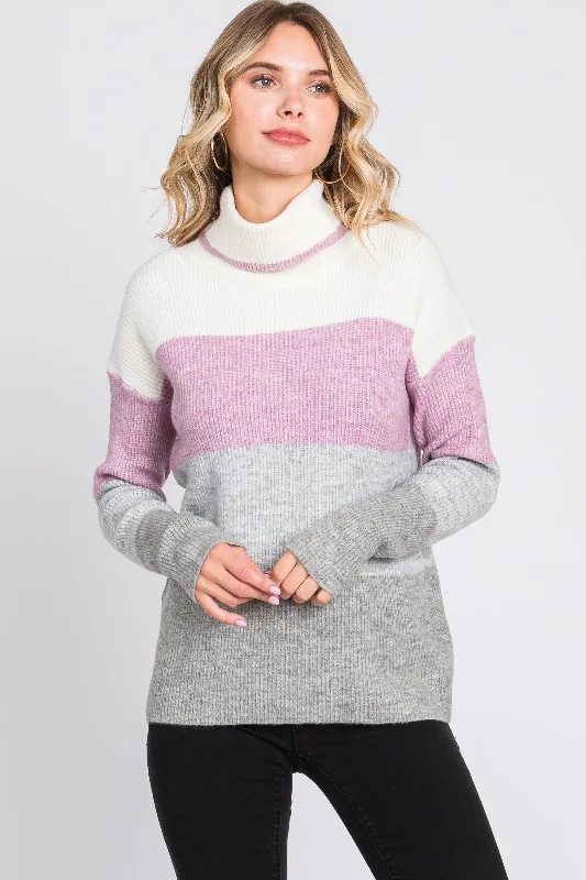 Long - Sleeve Women Sweater with Ribbed CuffsMulti-Color Color Block Turtleneck Sweater