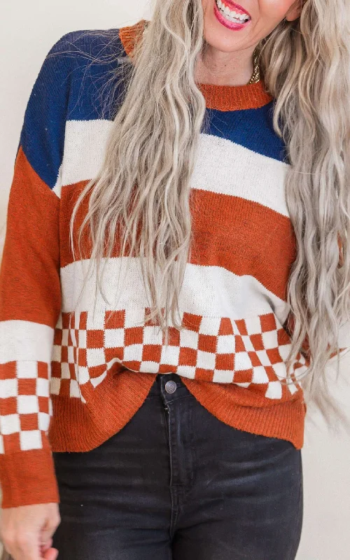 Striped Women Sweater with a Timeless PatternNavy Colorblock Checkerboard Sweater