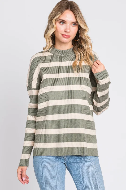 Cashmere Women Sweater with a Luxurious Soft TouchOlive Striped Ribbed Long Sleeve Top