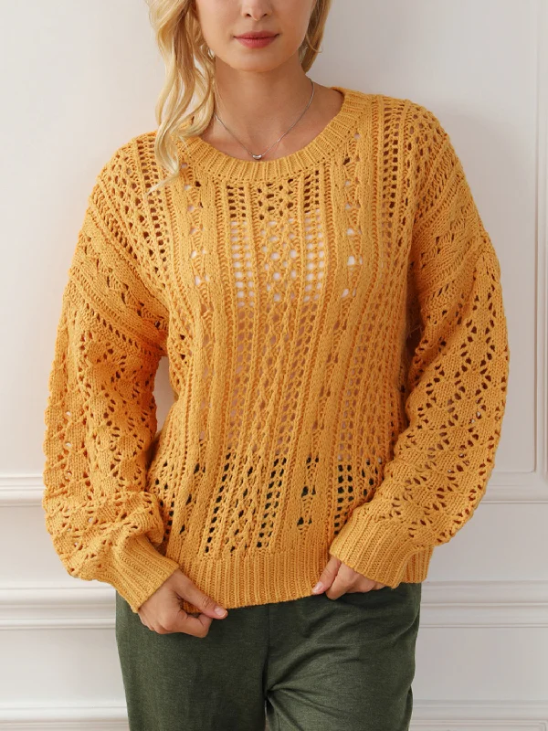 Hand - Knitted Women Sweater with Artisanal CharmOpenwork Round Neck Long Sleeve Sweater