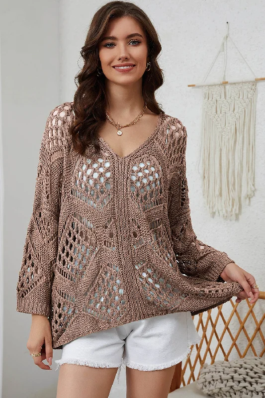 Hand - Knitted Women Sweater with Artisanal CharmOpenwork V-Neck Sweater