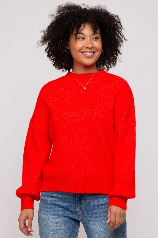 Open - Front Women Sweater for Easy LayeringRed Bubble Sleeve Sweater