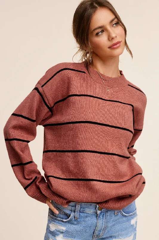 Chunky Knit Women Sweater for Winter WarmthRust Striped Mock Neck Sweater