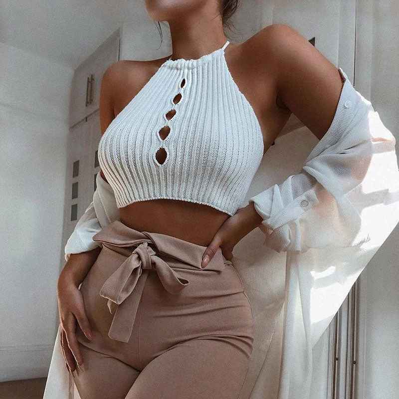 Open - Front Women Sweater for Easy LayeringSexy White Cutout Open Back Cropped Rib Knit Halter Top