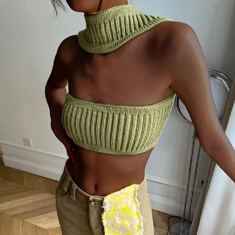 Cashmere Women Sweater with a Luxurious Soft TouchSexy Multi Way Halter Neck Ribbed Knit Bandeau Top