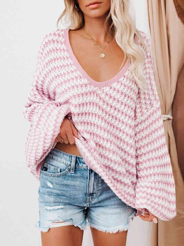 Button - Down Women Sweater for a Versatile LookStriped Drop Shoulder V-Neck Sweater