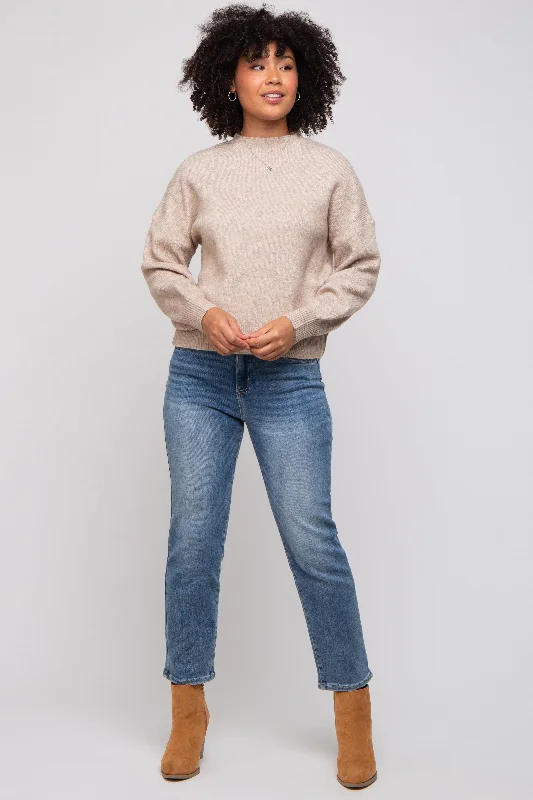 Mock - Neck Women Sweater for a Modern TwistTaupe Bubble Sleeve Sweater