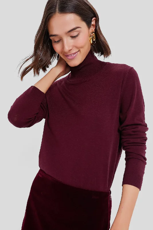 Long - Sleeve Women Sweater with Ribbed CuffsWine Kiku Turtleneck