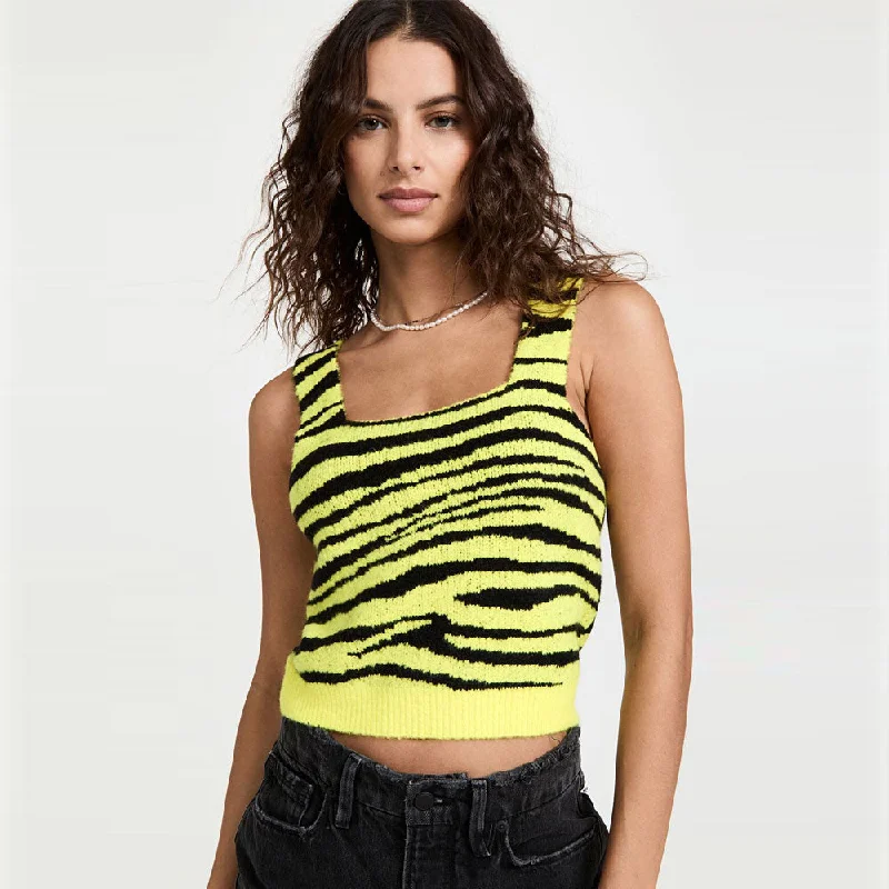 V - Neck Women Sweater to Elongate the NecklineYellow Zebra Print Square Neck Suspender Strap Eyelash Knit Tank Top