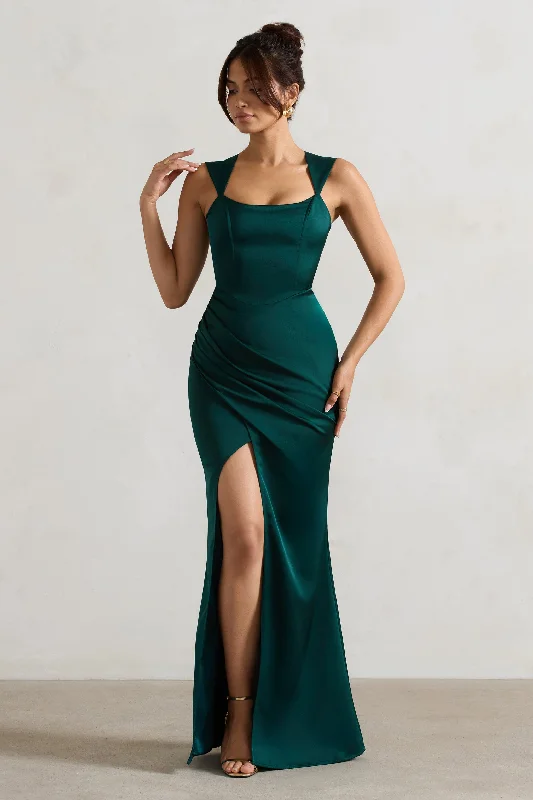 Plus Size Women Dress with a Flattering A - Line Cut for Comfort and StyleA Romantic | Green Satin Corset Wrap Maxi Dress