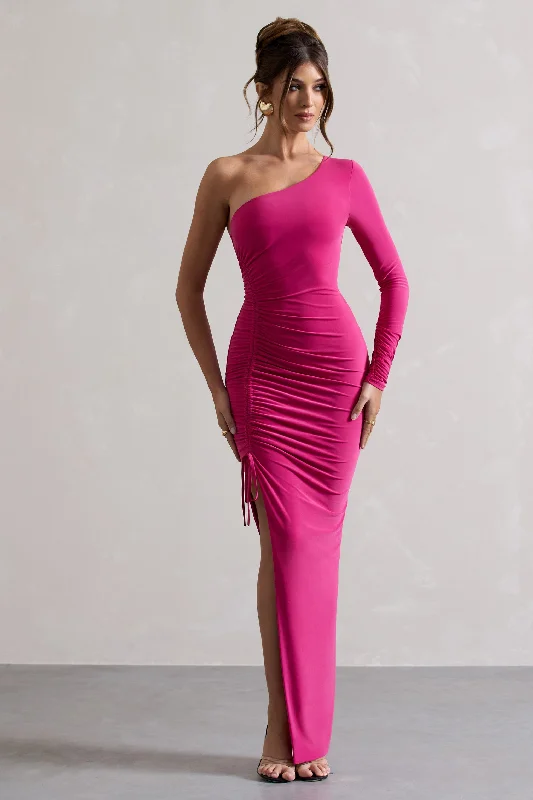 Backless Women Dress for a Sexy and Alluring Look at Evening EventsAnima | Dark Pink Asymmetric Ruched One-Sleeve Maxi Dress