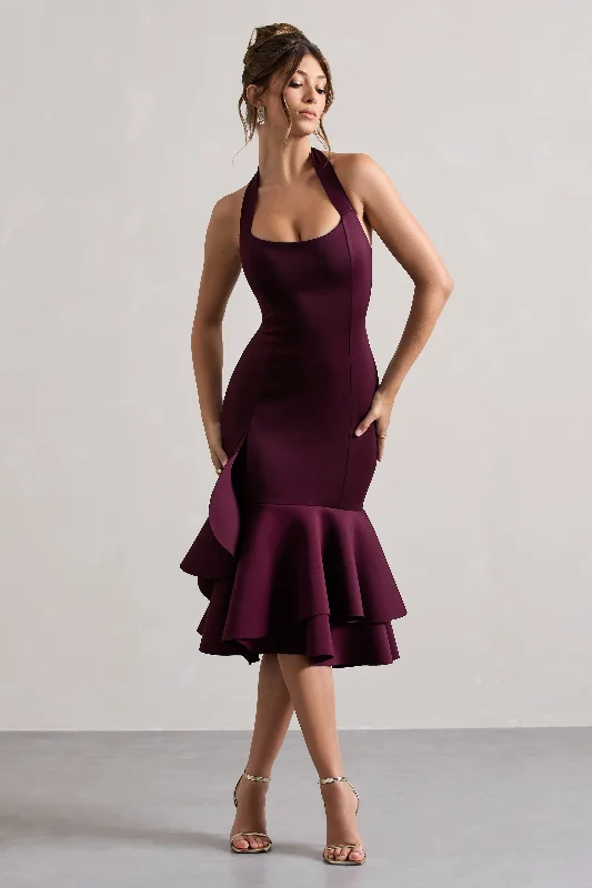 Off - the - Shoulder Women Dress for a Romantic and Feminine LookArla | Plum Halter-Neck Ruffle Trim Midi Dress