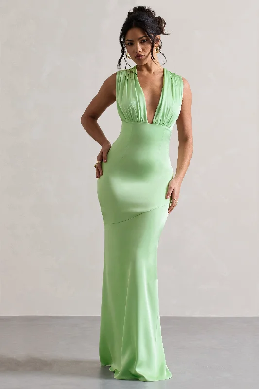 Ball Gown Women Dress with a Full Skirt for a Princess - like LookAzzara | Light Green Satin Ruched V-Neck Maxi Dress