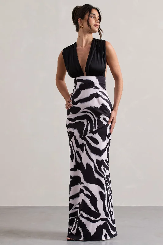 Backless Women Dress for a Sexy and Alluring Look at Evening EventsAzzara | Zebra Print Satin Ruched V-Neck Maxi Dress