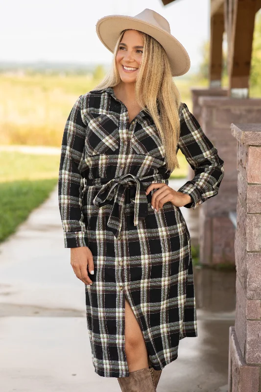 Little Black Women Dress with Sequins for a Glamorous Night OutBlack and Cream Plaid Self Tie Shirt Dress