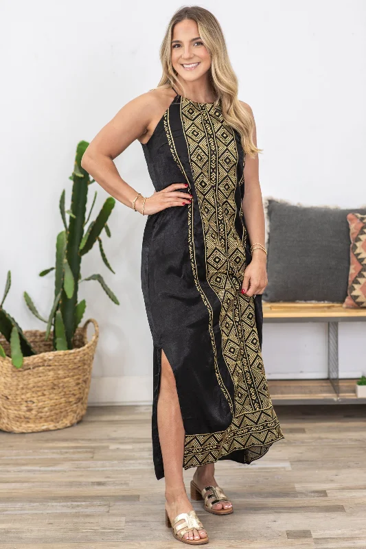 Halter Neck Women Dress to Show Off the Shoulders and NecklineBlack And Gold Embroidery Detail Maxi Dress