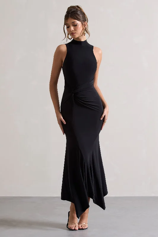 Mermaid - Style Women Dress with a Fitted Silhouette for Special OccasionsBrionna | Black High-Neck Twist Maxi Dress