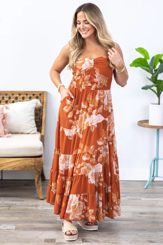 Mermaid - Style Women Dress with a Fitted Silhouette for Special OccasionsBurnt Orange Floral Spiral Tiered Maxi Dress