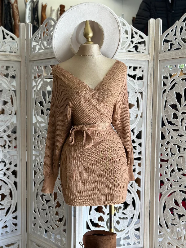 Ruffled Women Dress with Multiple Layers for a Playful and Girly StyleCamel Brown Wrapped Sweater Dress with Belt