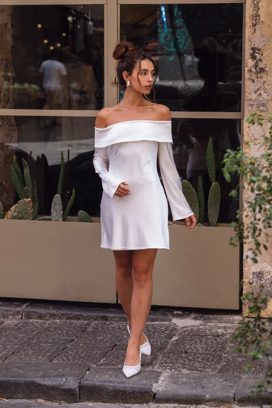 Empire Waist Women Dress to Accentuate the Bust and Conceal the WaistCelia White Off Shoulder Satin Mini Dress