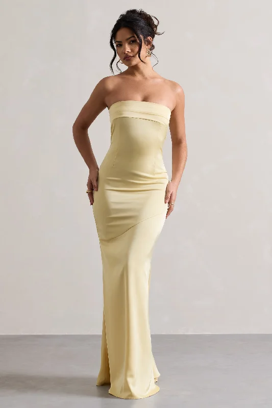 Strapless Women Dress with a Built - in Bra for Comfort and SupportColada | Lemon Satin Pleated Bandeau Maxi Dress