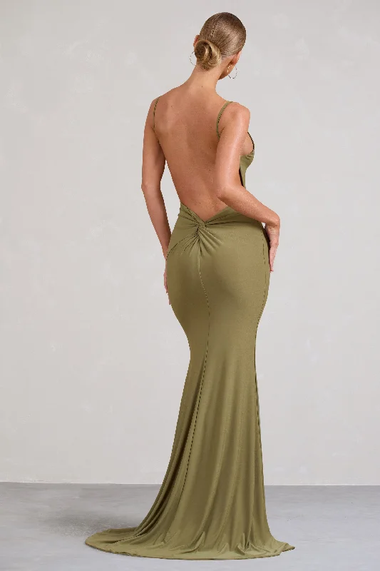 Sleeveless Women Dress in Bright Colors for Summer PartiesEndless Love | Olive Backless Knot Detail Fishtail Maxi Dress