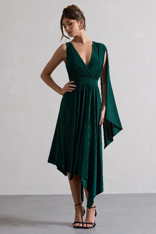 Printed Abstract Women Dress for a Modern and Artistic AppealFable | Bottle Green Plunge-Neck Maxi Dress With Cape Sleeve