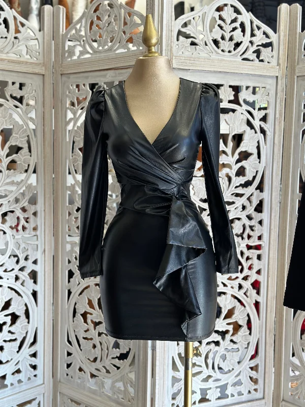 Halter Neck Women Dress to Show Off the Shoulders and NecklineFaux Leather Wrapped Dress