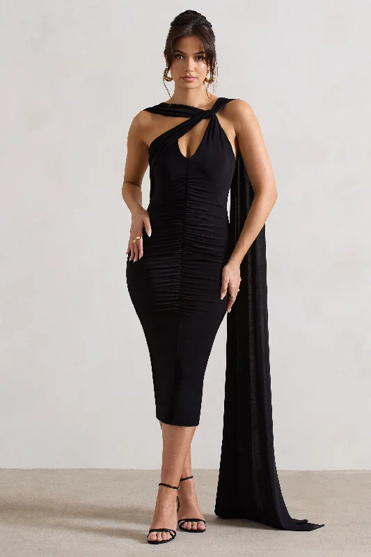 Sheath Women Dress with a Tailored Fit for a Professional LookFreedom | Black Strappy Asymmetric Cut-Out Midi Dress With Cape