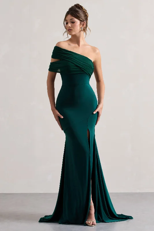 Long - Sleeve Women Dress in Velvet for a Luxurious Winter LookFused | Bottle Green Asymmetric Bardot Split Maxi Dress