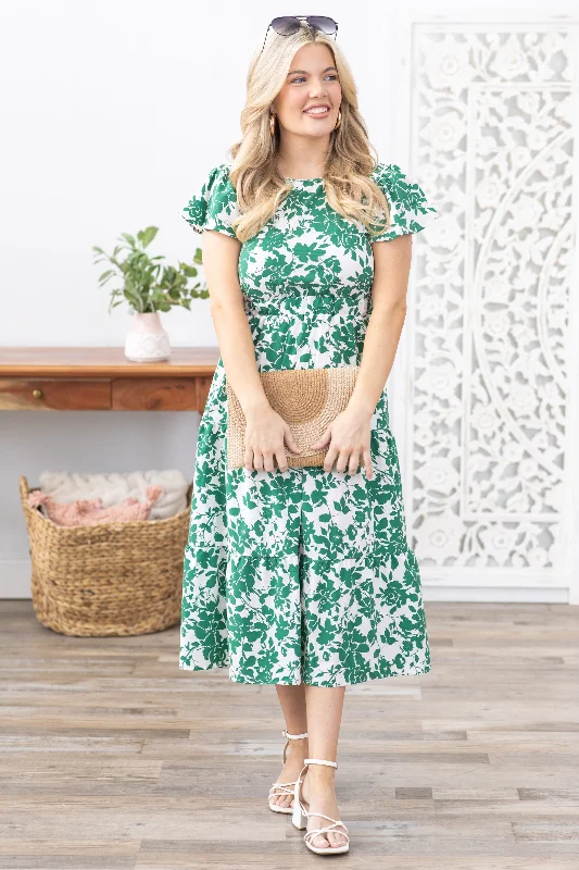 Ball Gown Women Dress with a Full Skirt for a Princess - like LookGreen Floral Print Cutout Back Midi Dress