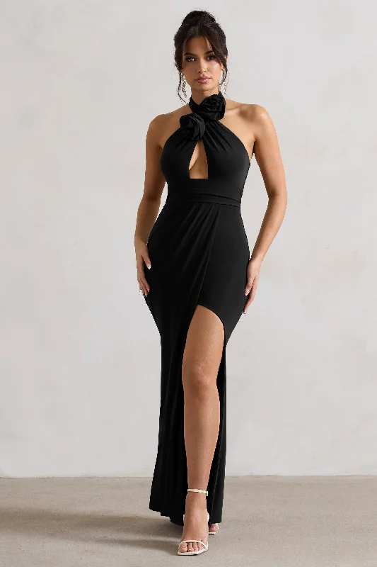 Empire Waist Women Dress to Accentuate the Bust and Conceal the WaistKira | Black Halter-Neck Cut-Out Split Maxi Dress With Flowers