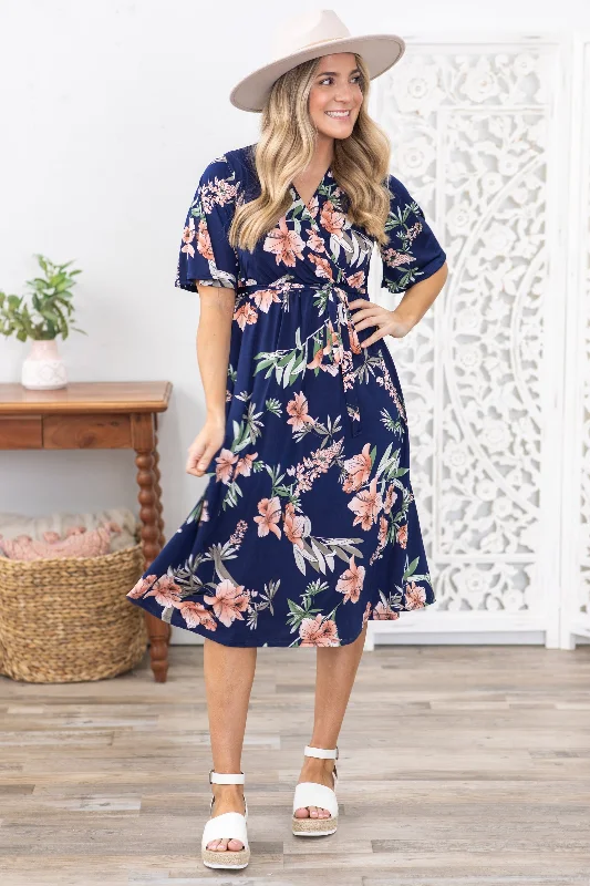 Backless Women Dress for a Sexy and Alluring Look at Evening EventsNavy Floral Faux Wrapped Midi Dress