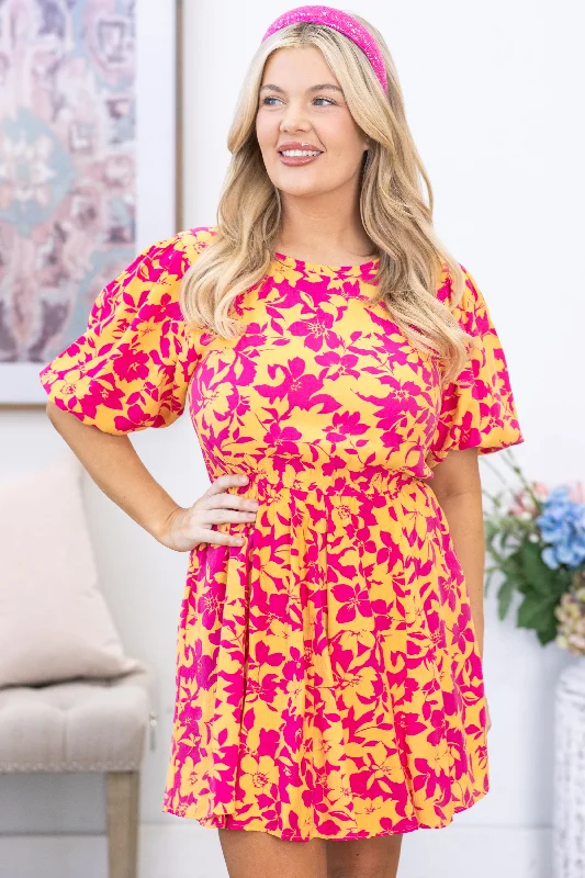 Plus Size Women Dress with a Flattering A - Line Cut for Comfort and StyleOrange and Fuchsia Blossom Print Woven Dress