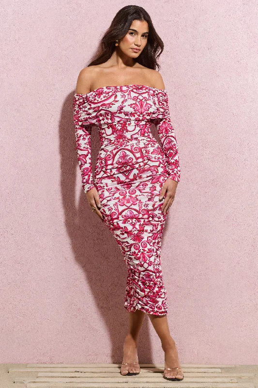 Empire Waist Women Dress to Accentuate the Bust and Conceal the WaistOver Love | Pink Porcelain Print Bardot Midi Dress