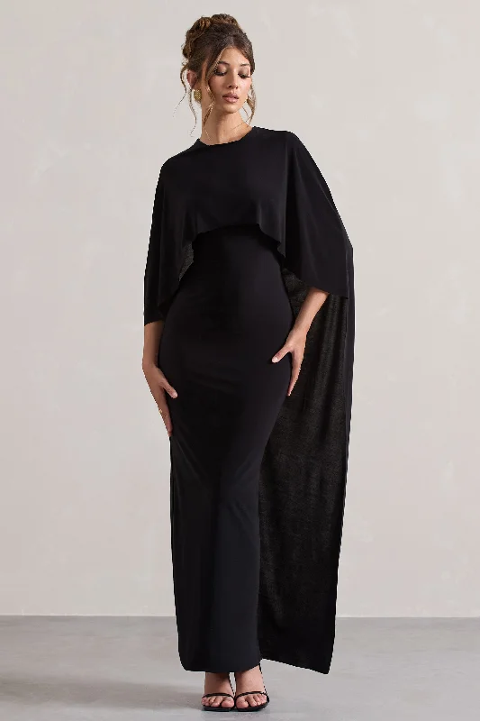 Pleated Women Dress with a Timeless and Elegant TexturePalena | Black Draped Maxi Dress With Cape Sleeves