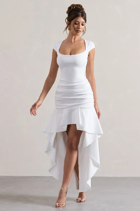 Mermaid - Style Women Dress with a Fitted Silhouette for Special OccasionsParisa | White Ruched Short-Sleeve High-Low Maxi Dress