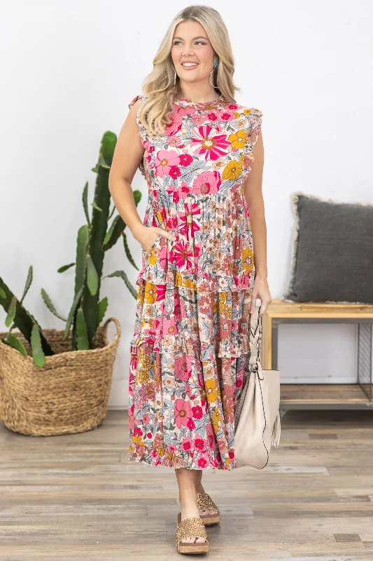 Empire Waist Women Dress to Accentuate the Bust and Conceal the WaistPink Floral Print Ruffle Maxi Dress