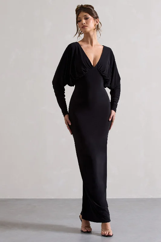 Shift Women Dress with a Simple and Classic Design for Everyday WearRuth | Black Draped Plunge-Neck Maxi Dress