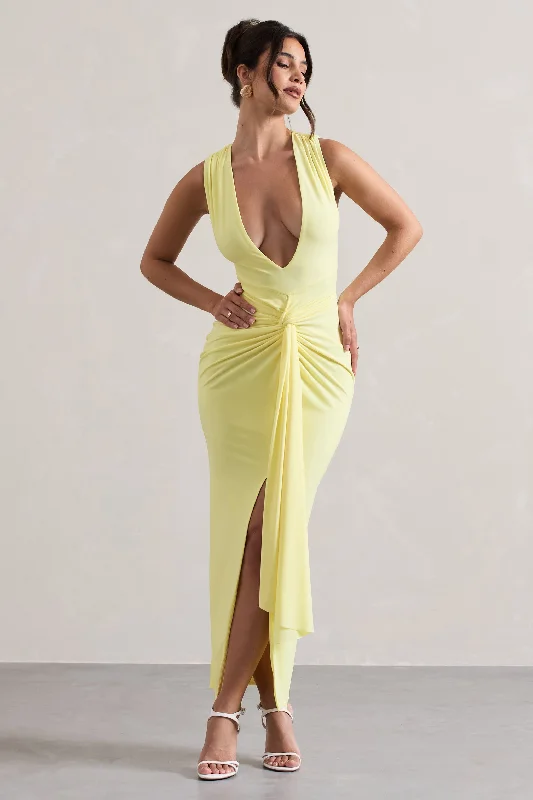 Off - the - Shoulder Women Dress for a Romantic and Feminine LookSantana | Lemon Plunge-Neck Split Maxi Dress With Knot Detail