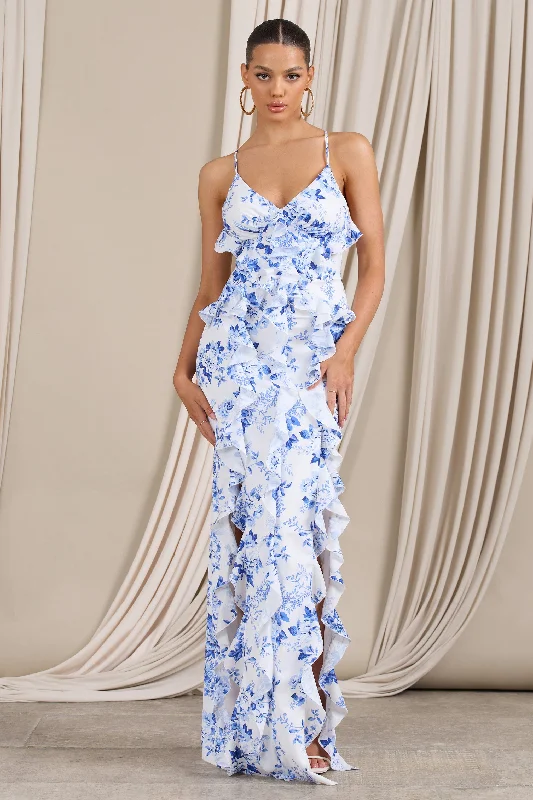 Mini Women Dress with a Short Hem for a Young and Trendy StyleSyrah | Blue Floral Ruffled Strappy Maxi Dress